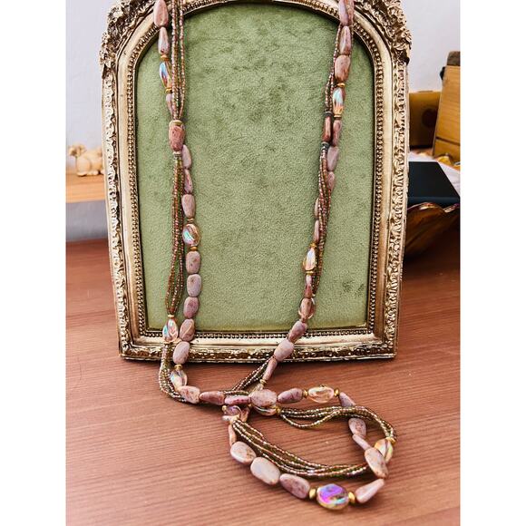Vintage 30" 14k GE Stone Gold Glass Bead Necklace Statement green mauve Brown - Picture 8 of 14